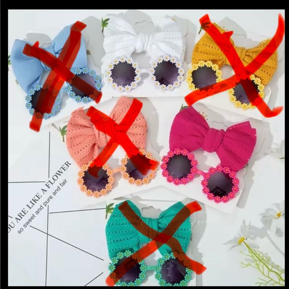 2Pcs/ Daisy Baby Sunglasses with Eyelet Bow Headband Set NWOT